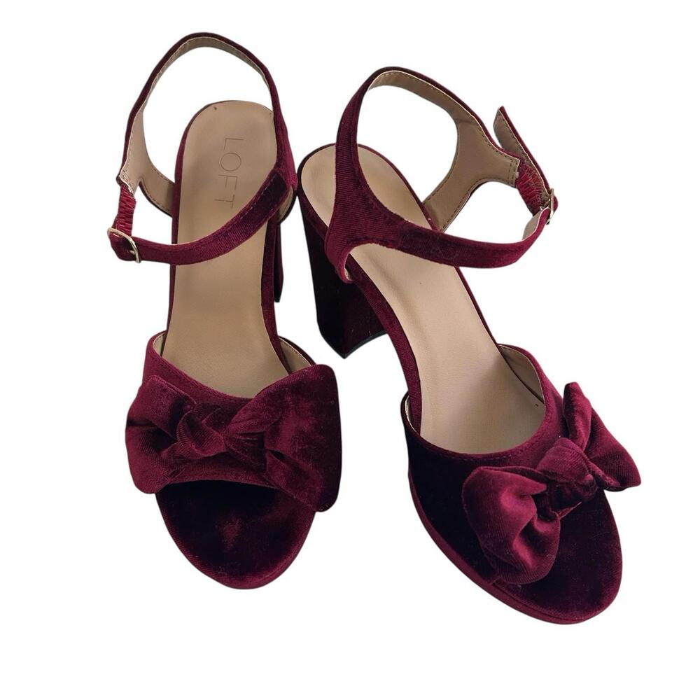LOFT Burgundy Velvet Bow Platform Heels Ankle Strap Women’s 8.5